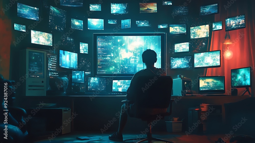 Hacker in a Room Filled with Screens Hacker in a Room Filled with Screens