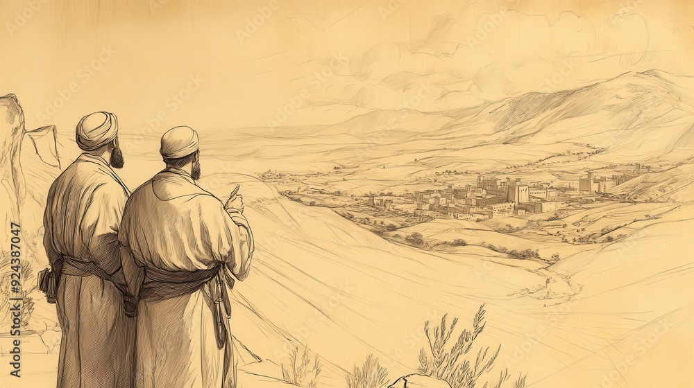 Biblical Illustration of Numbers: Spies Looking Over the Fertile Valleys of Canaan, Captured on a Beige Background, Emphasizing Exploration and Promise Biblical Illustration of Numbers: Spies Looking Over the Fertile Valleys of Canaan, Captured on a Beige Background, Emphasizing Exploration and Promise