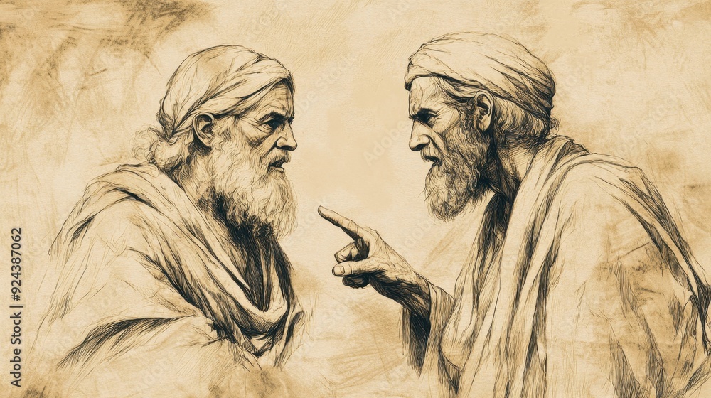Fototapeta premium Numbers: Biblical Illustration Featuring Joshua and Caleb Arguing Against Fear, Beige Background, Perfect for Faith-Based Educational Materials and Leadership Studies