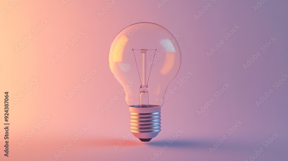 A single lightbulb sits on a table, illuminated by a warm, soft light. The background is a gradient of pink and orange. A single lightbulb sits on a table, illuminated by a warm, soft light. The background is a gradient of pink and orange.