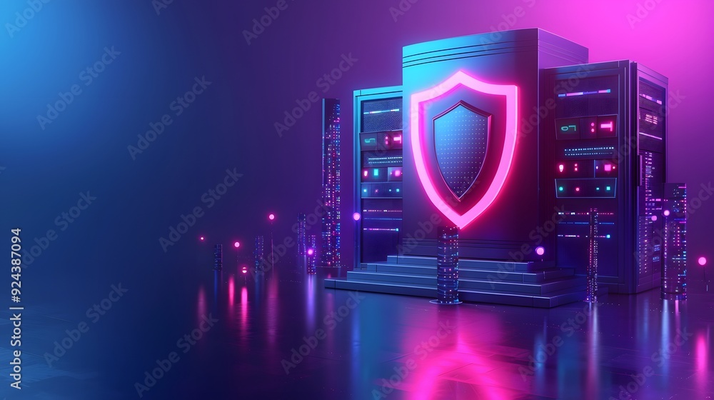 Tech futuristic server room with neon lights and shield representing cybersecurity, digital protection, and network data security. Tech futuristic server room with neon lights and shield representing cybersecurity, digital protection, and network data security.