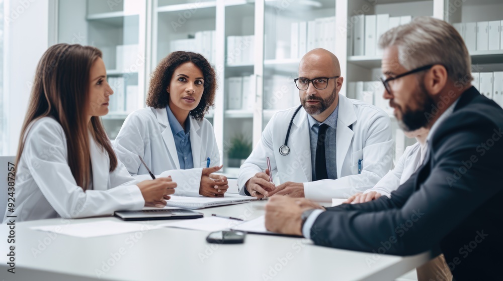 Medical team in a clinic collaborating and communicating during a meeting, including a doctor,generative ai Medical team in a clinic collaborating and communicating during a meeting, including a doctor,generative ai