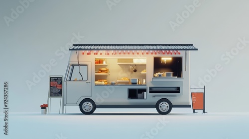 A white food truck with a canopy and interior lighting, parked on a white background. photo