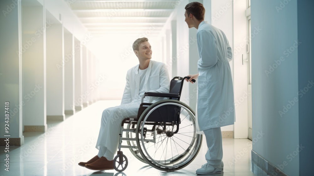 Young doctor in a hospital corridor pushing a patient in a wheelchair,generative ai Young doctor in a hospital corridor pushing a patient in a wheelchair,generative ai