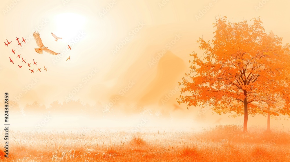 Autumnal Landscape with Birds in Flight. Autumnal Landscape with Birds in Flight.