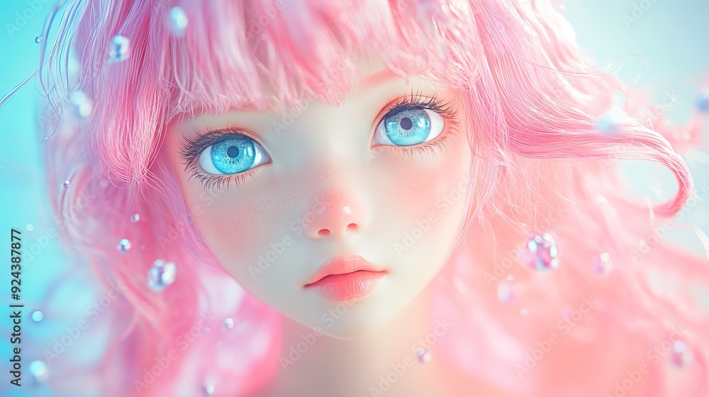 Close-up portrait of a young woman with pink hair and blue eyes, surrounded by soft, ethereal bubbles. Close-up portrait of a young woman with pink hair and blue eyes, surrounded by soft, ethereal bubbles.