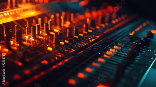 Close-up of a soundboard with illuminated buttons and sliders.  The red lights create a vibrant, abstract pattern.  Perfect for music, technology, and creativity concepts.