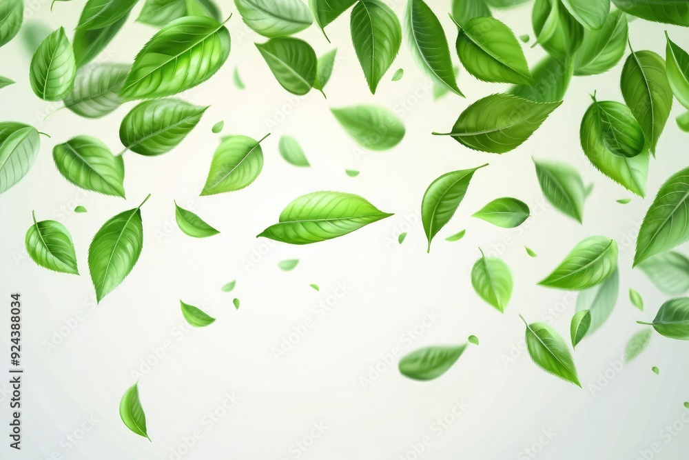 Green flying leaves wave. Organic cosmetic background. Natural herbal tea. Vegan, eco, bio design element. with generative ai Green flying leaves wave. Organic cosmetic background. Natural herbal tea. Vegan, eco, bio design element. with generative ai
