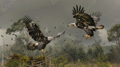 Bald Eagles in Flight Over Forest. photo