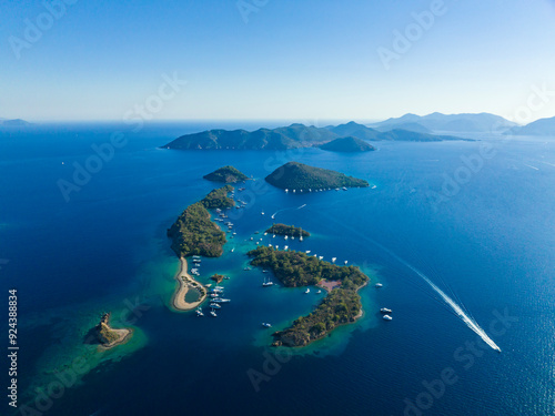Fototapeta Naklejka Na Ścianę i Meble -  Turkish Maldives Gocek Yassica Islands Drone Photo, Gocek Fethiye, Mugla Turkiye (Turkey)
