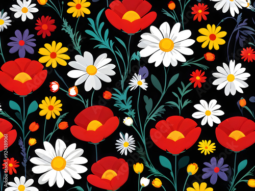 argyle daisy poppy marigolds pattern overlay in bright jewel tones black white cartoon drawing	