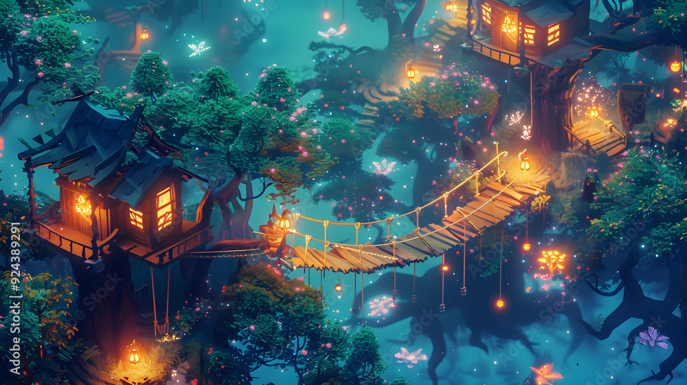 Obraz premium Isometric enchanted forest with glowing flowers and treehouses connected by rope bridges
