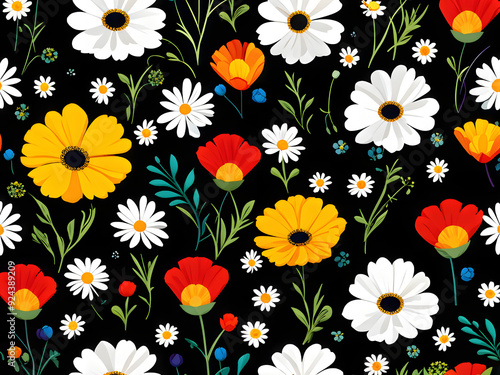 argyle daisy poppy marigolds pattern overlay in bright jewel tones black white cartoon drawing	