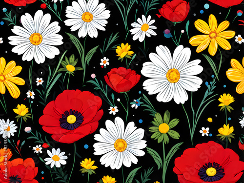 argyle daisy poppy marigolds pattern overlay in bright jewel tones black white cartoon drawing	