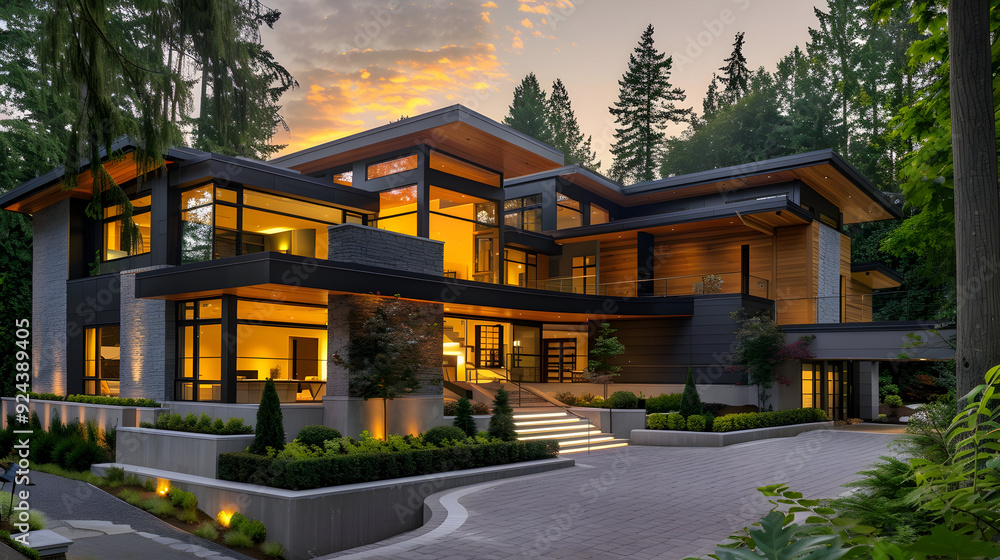 Large modern contemporary house in wood and concrete at sunset Large modern contemporary house in wood and concrete at sunset