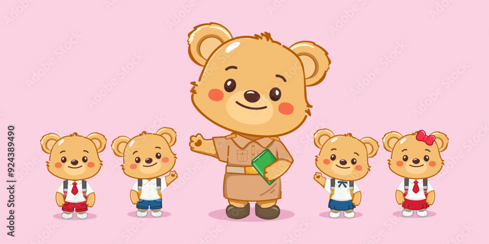 Cute little bear teacher mascot with children in student uniform. illustration vector premium. Cute little bear teacher mascot with children in student uniform. illustration vector premium.