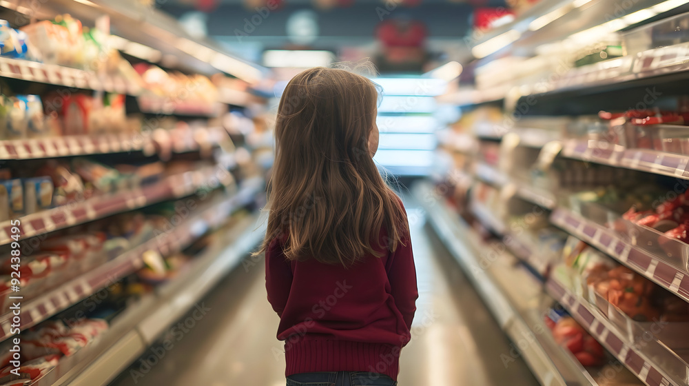 Little girl shopping and looking to empty shelves in a grocery store Little girl shopping and looking to empty shelves in a grocery store