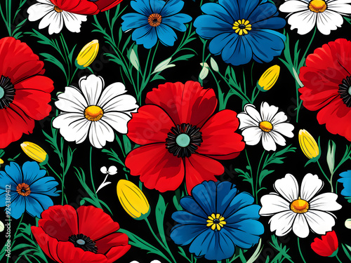 argyle daisy poppy marigolds pattern overlay in bright jewel tones black white cartoon drawing	