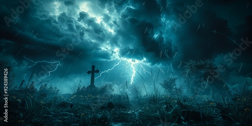 Spooky old abandoned graveyard at thunderstorm in one summer night. Halloween realistic picture of tombs and graves with lighting in the dark stormy sky above