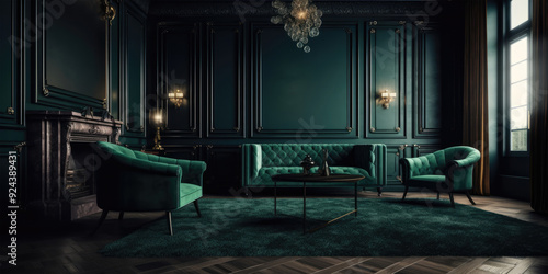 Wallpaper Mural Classic Living Room with Green Walls, Velvet Sofa, Armchairs, and Vintage Chandelier. Elegant Green Living Room with Classic Interior Design Torontodigital.ca