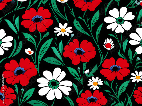 argyle daisy poppy marigolds pattern overlay in bright jewel tones black white cartoon drawing	