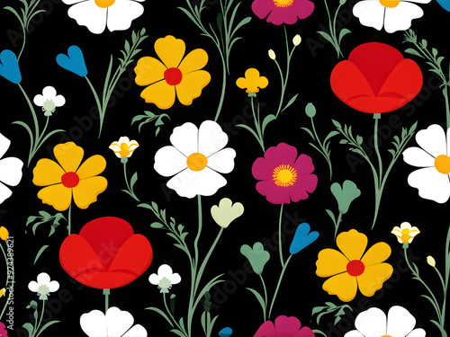 argyle daisy poppy marigolds pattern overlay in bright jewel tones black white cartoon drawing	