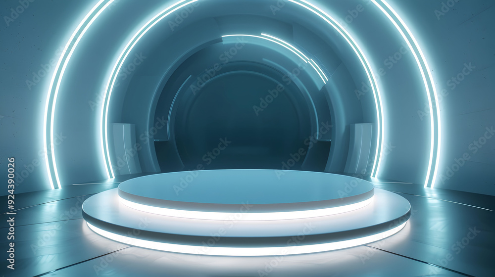 Fototapeta premium Modern product showcase sci-fi podium with white glowing light neon background. Technology and object concept. 3D illustration rendering