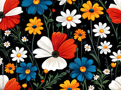 argyle daisy poppy marigolds pattern overlay in bright jewel tones black white cartoon drawing	