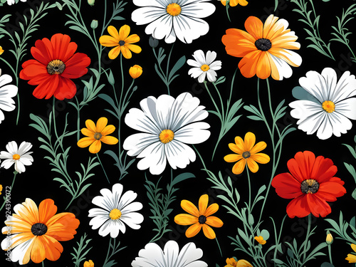 argyle daisy poppy marigolds pattern overlay in bright jewel tones black white cartoon drawing	
