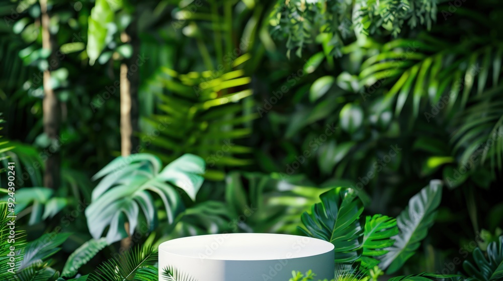 A white pedestal is set in a lush green jungle A white pedestal is set in a lush green jungle