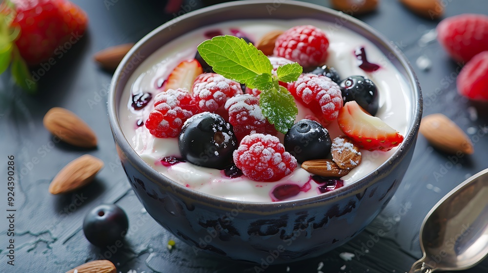 A violet backdrop with a bowl of made yogurt filled with flavorful fruits and almonds A violet backdrop with a bowl of made yogurt filled with flavorful fruits and almonds