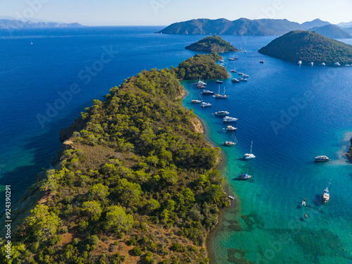 Fototapeta Naklejka Na Ścianę i Meble -  Turkish Maldives Yassica Islands Drone Photo, Gocek Mugla, Turkey	