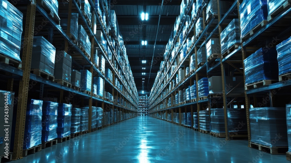 Rows of Pallet-Wrapped Boxes in a Large Industrial Warehouse Rows of Pallet-Wrapped Boxes in a Large Industrial Warehouse