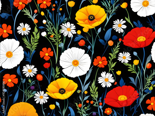 argyle daisy poppy marigolds pattern overlay in bright jewel tones black white cartoon drawing	