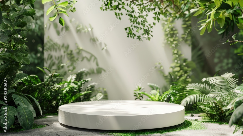 A white pedestal in a lush green garden A white pedestal in a lush green garden