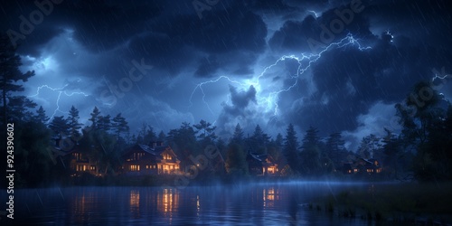 Fototapeta Naklejka Na Ścianę i Meble -  Village near lake in the rain. Summer rural landscape with old houses at thunderstorm. Lights in windows