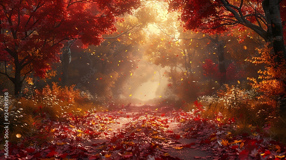 A magical autumn forest path covered in fallen leaves, vibrant hues of red and gold, a gentle stream winding alongside, trees arching overhead with sunlight streaming through, A magical autumn forest path covered in fallen leaves, vibrant hues of red and gold, a gentle stream winding alongside, trees arching overhead with sunlight streaming through,