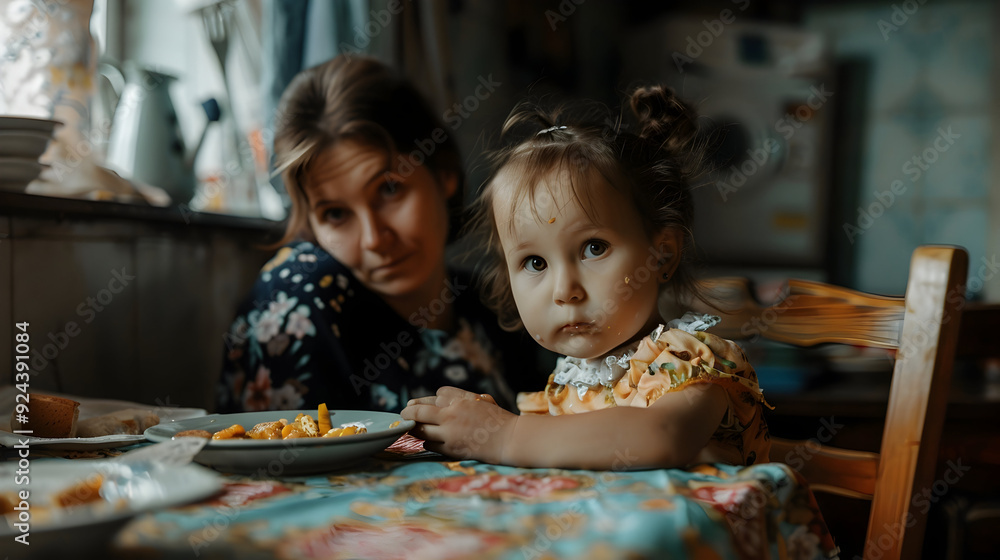 Portrait of poor small girl with mother eating indoors at home, poverty concept. Portrait of poor small girl with mother eating indoors at home, poverty concept.