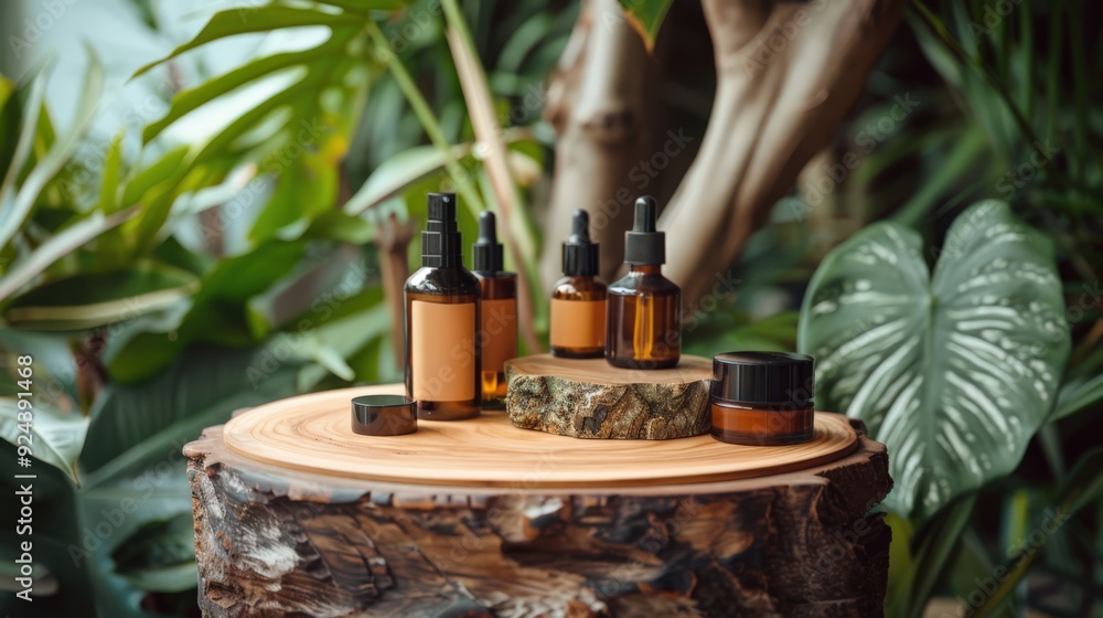 A wooden table with several bottles of perfume and lotion on it A wooden table with several bottles of perfume and lotion on it