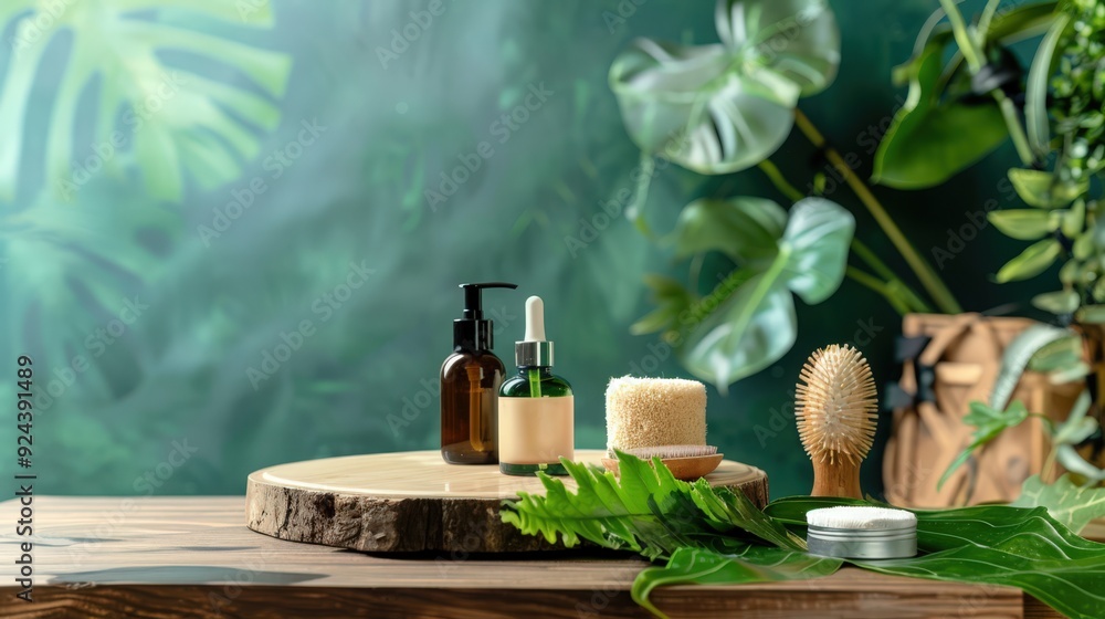 A table with a few bottles and a brush with a green plant in the background A table with a few bottles and a brush with a green plant in the background
