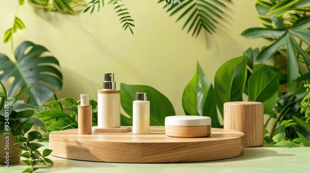 A wooden tray with a variety of beauty products, including a bottle of lotion A wooden tray with a variety of beauty products, including a bottle of lotion