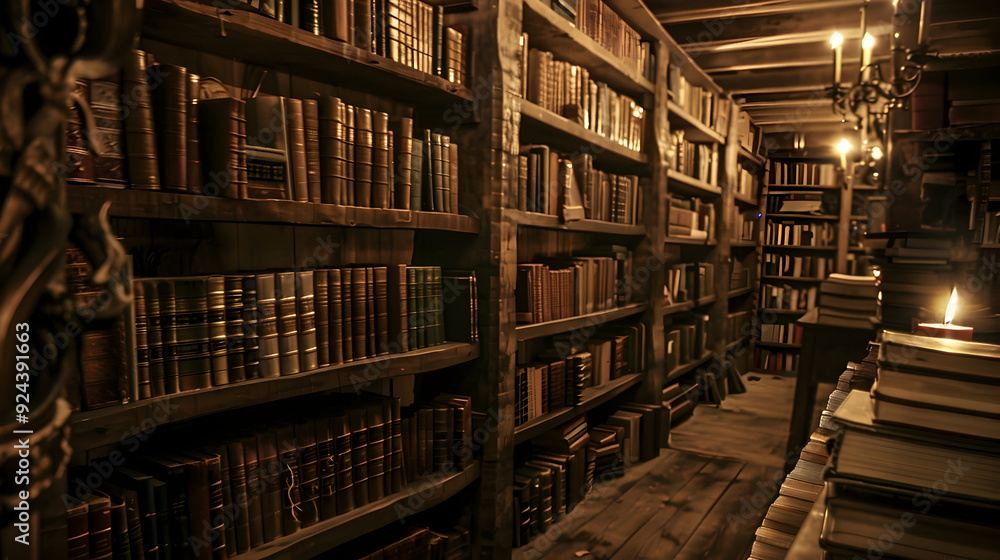 Shelves Filled with Old Books Create an Atmospheric Bookstore, Illuminated in Dim Lighting for an Ambiance of Mystery Shelves Filled with Old Books Create an Atmospheric Bookstore, Illuminated in Dim Lighting for an Ambiance of Mystery