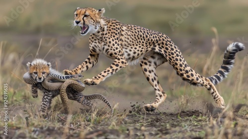 Cheetah Mother Protecting Cub From Snake.