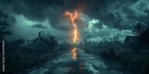 Country road at thunderstorm. Summer night landscape with roadway at bad weather and old house nearby.