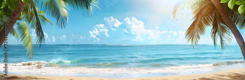 Tranquil beach scene with palm trees, blue sky, and white clouds.