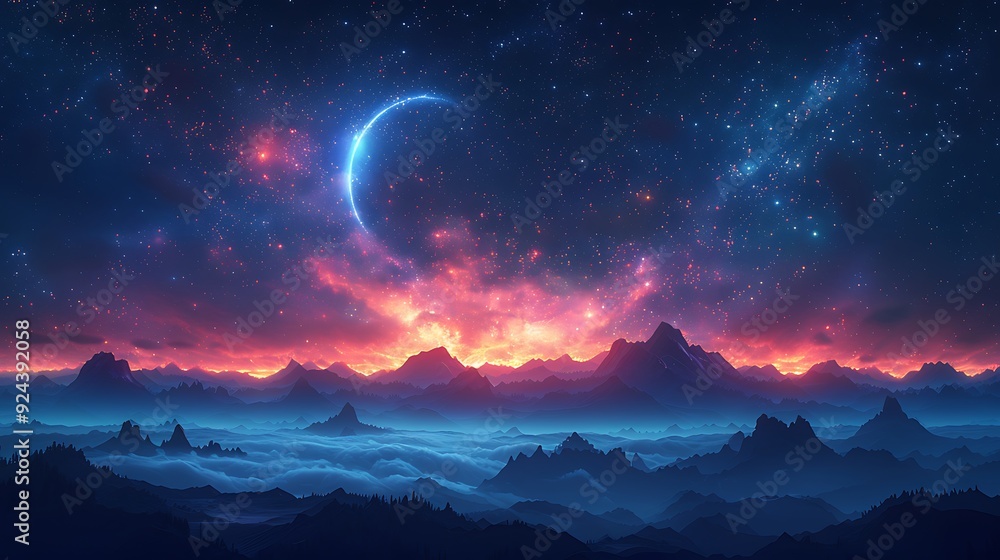 Naklejka premium A magical night sky filled with sparkling stars, a crescent moon shining down, and dark mountains silhouetted in the background, with a gentle glow illuminating the scene,