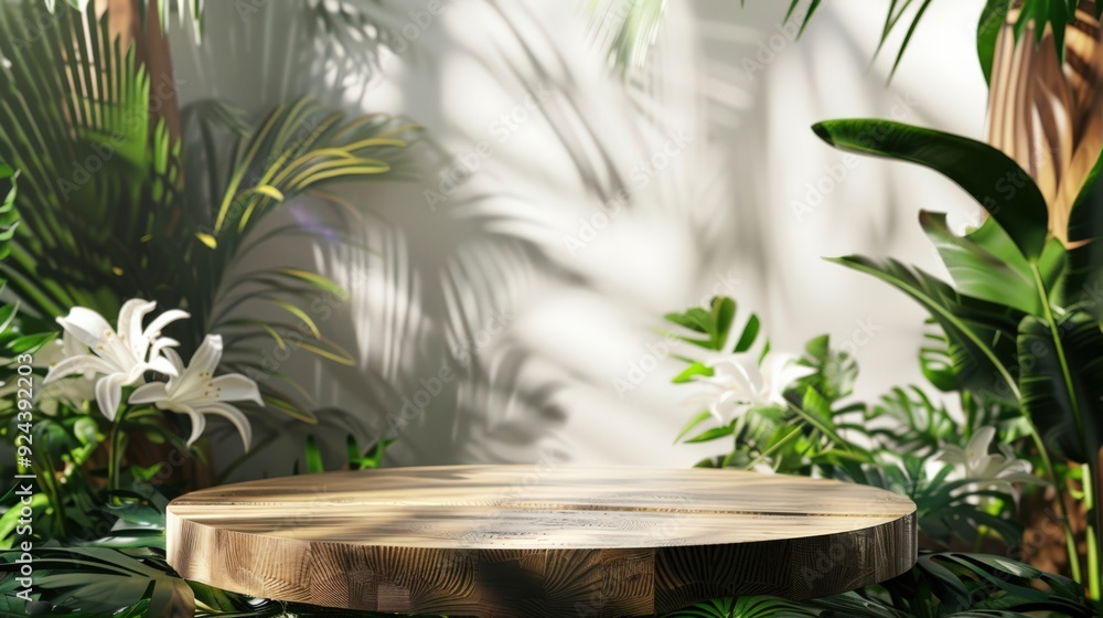 A wooden table with a round top and a few flowers on it A wooden table with a round top and a few flowers on it