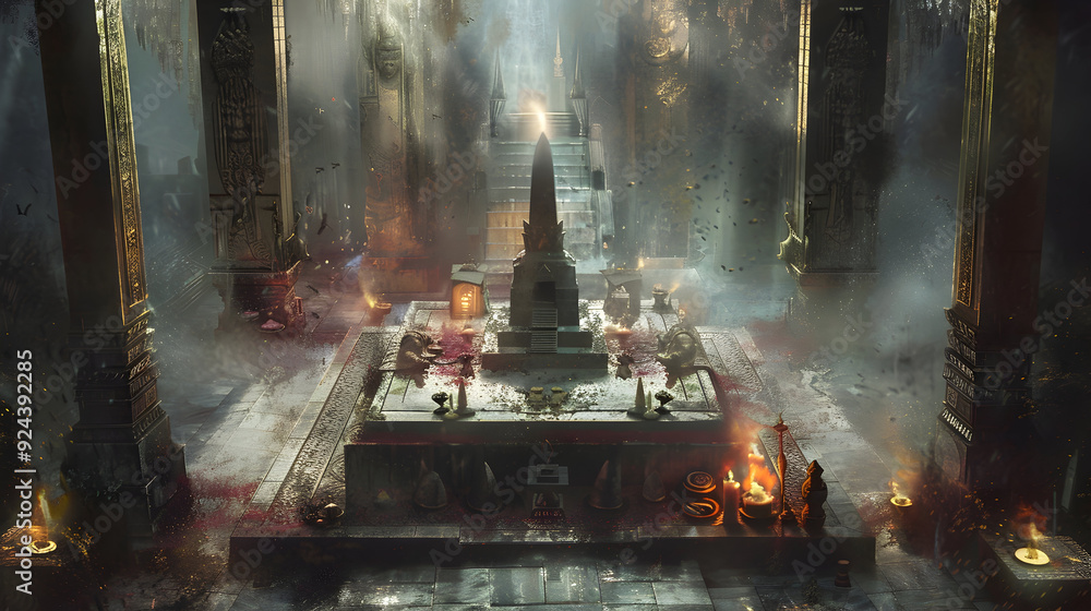 Sacrifice: The Altar and Offerings - Visualize an altar with offerings, illustrating the willingness of members of evil cults to make sacrifices for their leaders Sacrifice: The Altar and Offerings - Visualize an altar with offerings, illustrating the willingness of members of evil cults to make sacrifices for their leaders