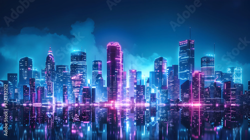 Wallpaper Mural Retro futuristic city in cyberpunk style smart towers under a dark sky vibrant blue and pink hues Torontodigital.ca