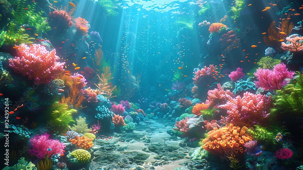 Obraz premium A magical underwater landscape featuring vibrant coral reefs, schools of exotic fish, and a hidden mermaid city nestled among the corals, sea plants swaying with the current,